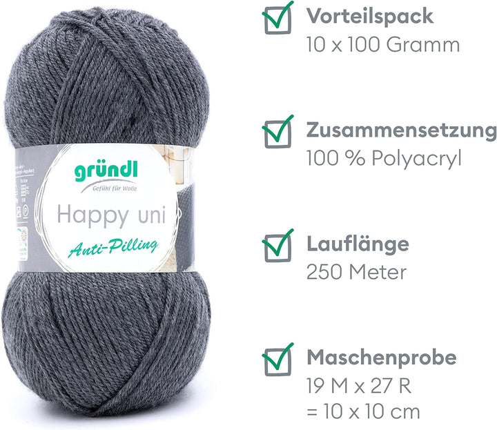 Gründl Happy uni (Strick- und Häkelgarn mit wollartigem Charakter aus 100 % Polyacryl, Anti-Pilling,