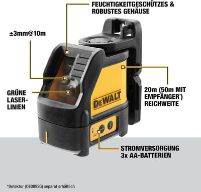 Dewalt Kreuzlinienlaser DW088CG (Grüner Laser, Laserklasse 2, selbstnivellierenden, ¼“ Stativaufnahm