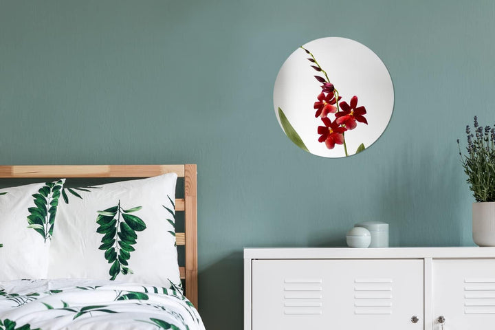 MuchoWow Wandbild Rund Wanddeko Deko Wohnzimmer Bilder 30x30 cm Rote Orchidee mit Blättern auf weiss