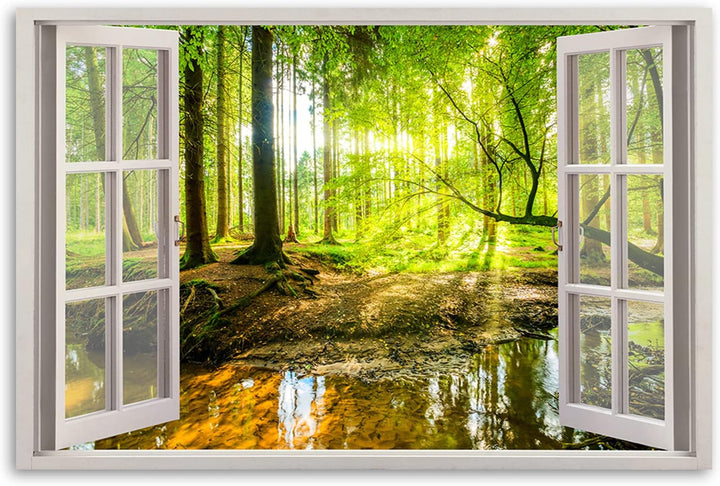 Feeby Leinwand Bilder - Fensterblick Natur- 120x80 cm- Deko Wohnzimmer - Wandbilder Schlafzimmer - D