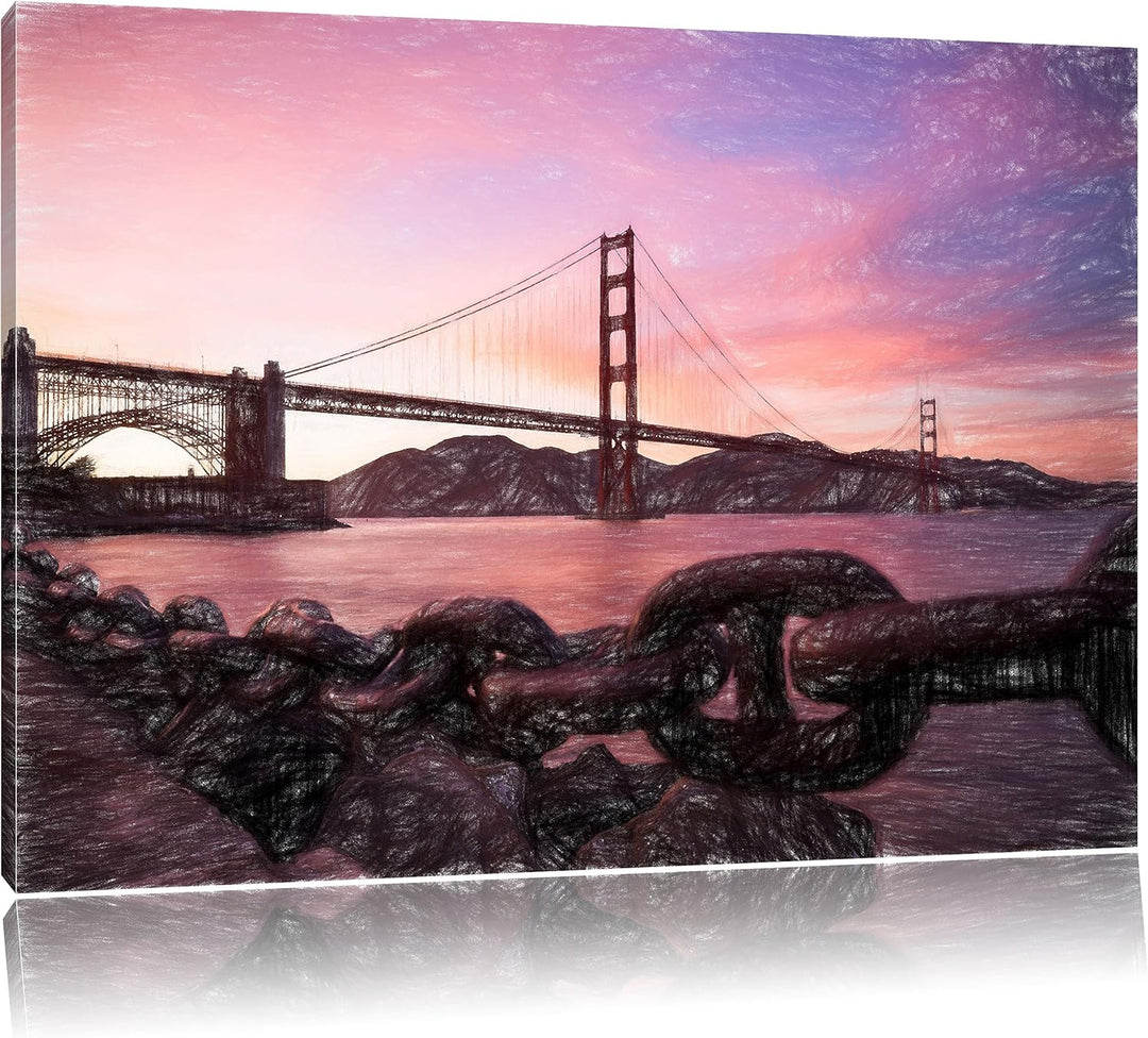 Pixxprint Golden Gate Bridge/Format: 100x70cm / Leinwandbild fertig bespannt Wandbild Kunstdruck, 10