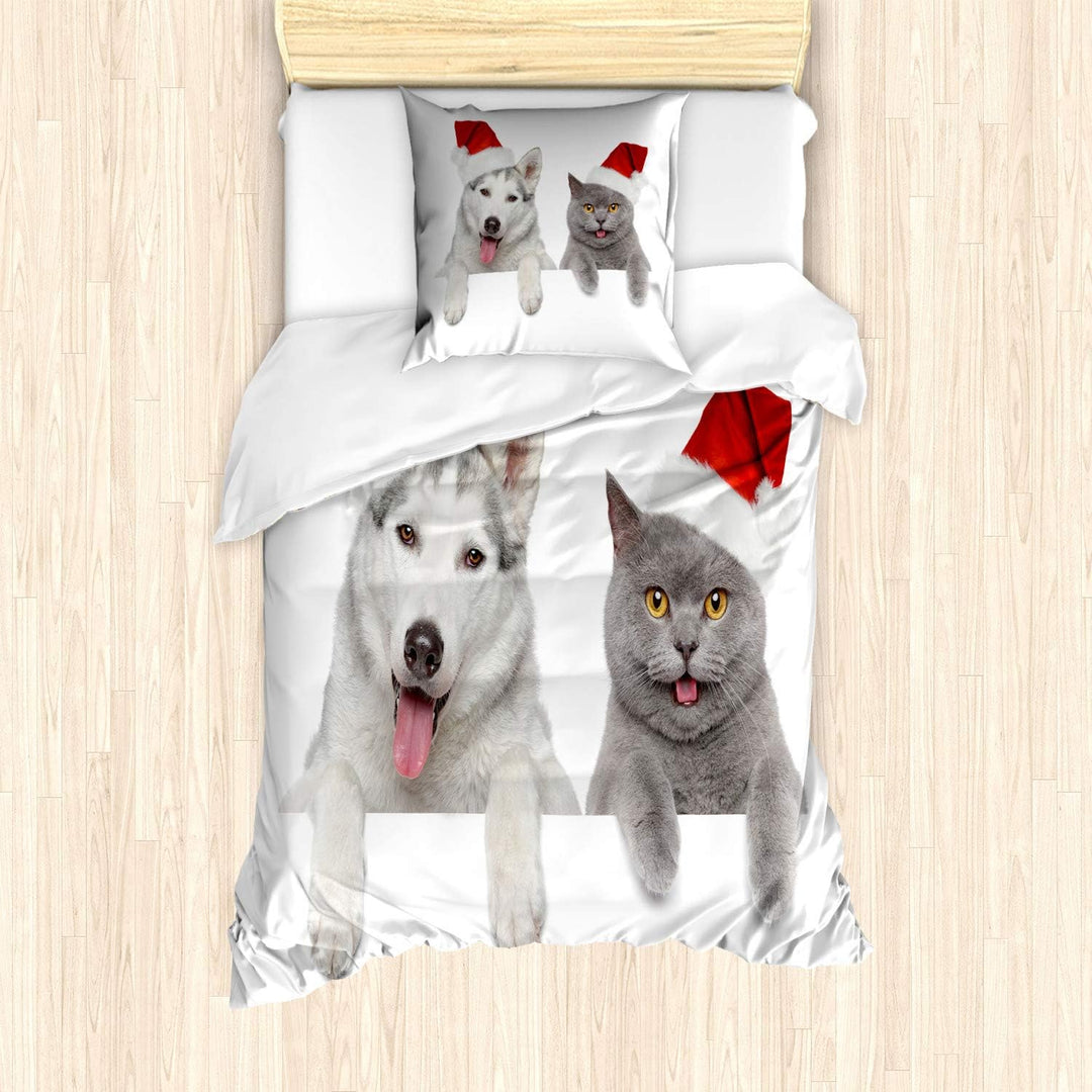 ABAKUHAUS Weihnachten Bettbezug Set für Einzelbetten, Tiere Rotmützen, Milbensicher Allergiker geeig