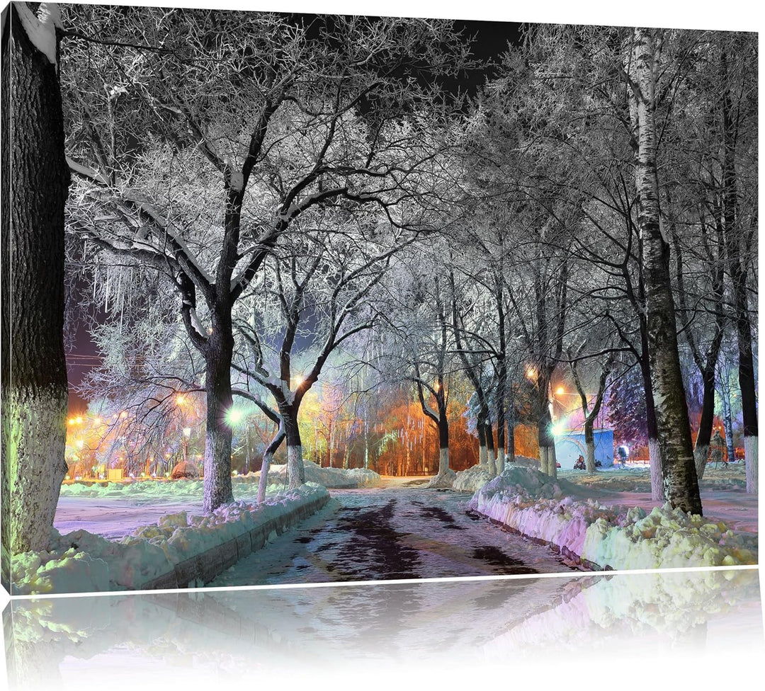Pixxprint Baumallee im Winter als Leinwandbild/Grösse: 100x70 / Wandbild/Kunstdruck/fertig bespannt,