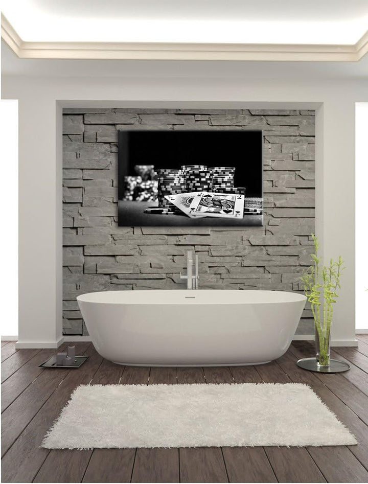 Pixxprint Monocrome, Pokertisch mit Karten in Las Vegas, Format: 100x70 auf Leinwand, 100x70
