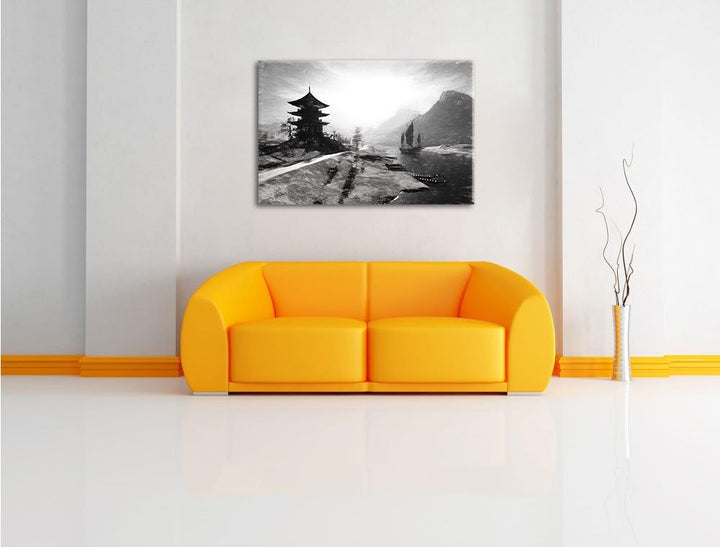 Pixxprint asiatischer Tempel an Fluss als Leinwandbild/Grösse: 100x70 cm/Wandbild/Kunstdruck/fertig