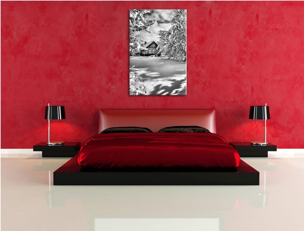 Pixxprint Monocrome, Winterlandschaft mit Hütte, Format: 100x70 auf Leinwand, 100x70