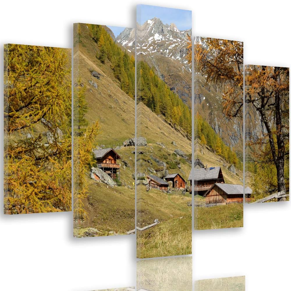 Feeby Wanddeko XXL Landschaft Leinwandbild 5 Teilig Bergdorf Bäume Natur bunt 250x120 cm Leinwandbil