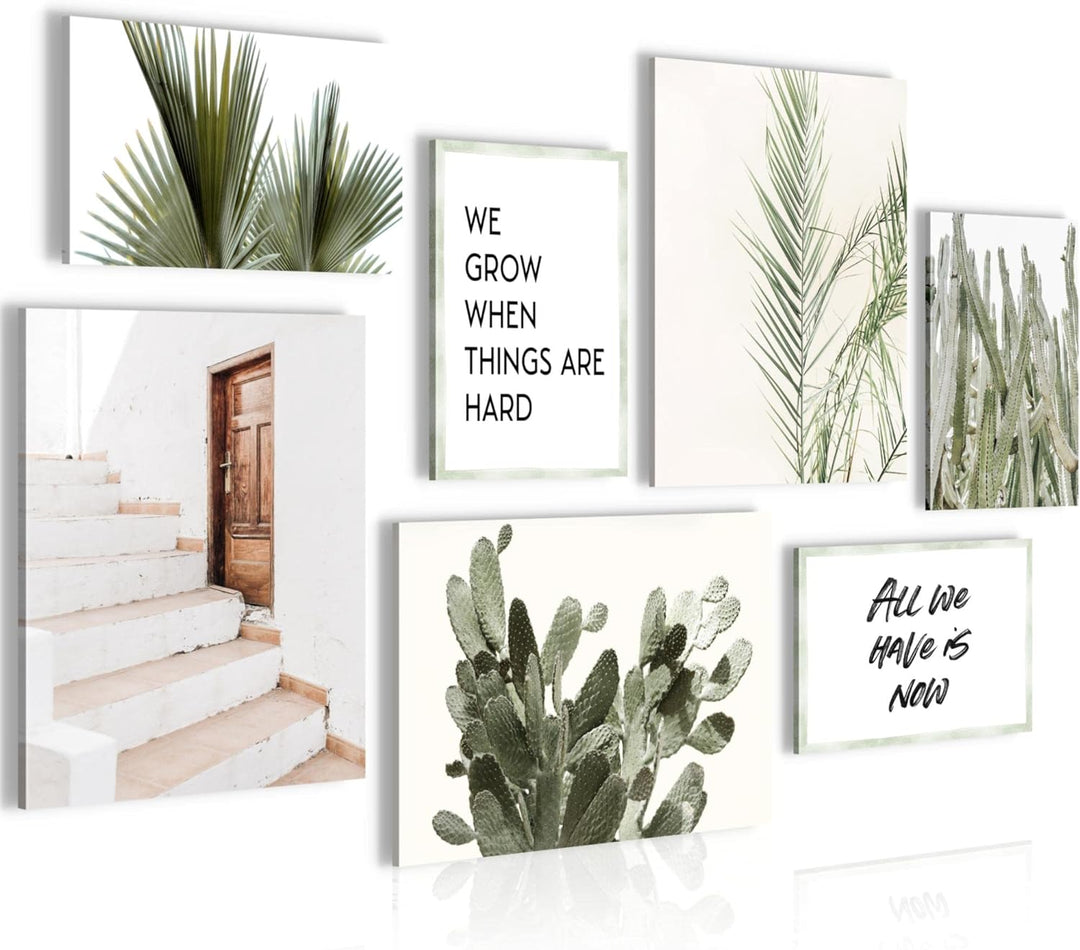Novart Wandbilder Grüne Blätter - KOMPLETT AUFHÄNGFERTIG - Zitate Home Wohnzimmer Schlafzimmer- 7 Mo