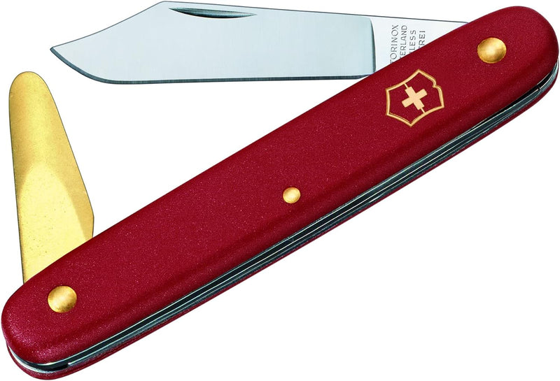 Victorinox, Taschenwerkzeug, Garten, Okuliermesser 2, rot, Klinge, spitz;Messing-Rindenlöser, Swiss