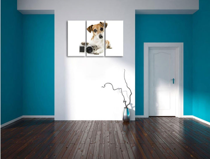 Pixxprint Niedlicher Hundewelpe mit Kamera 3-Teiler Leinwandbild 120x80 Bild auf Leinwand, riesige B