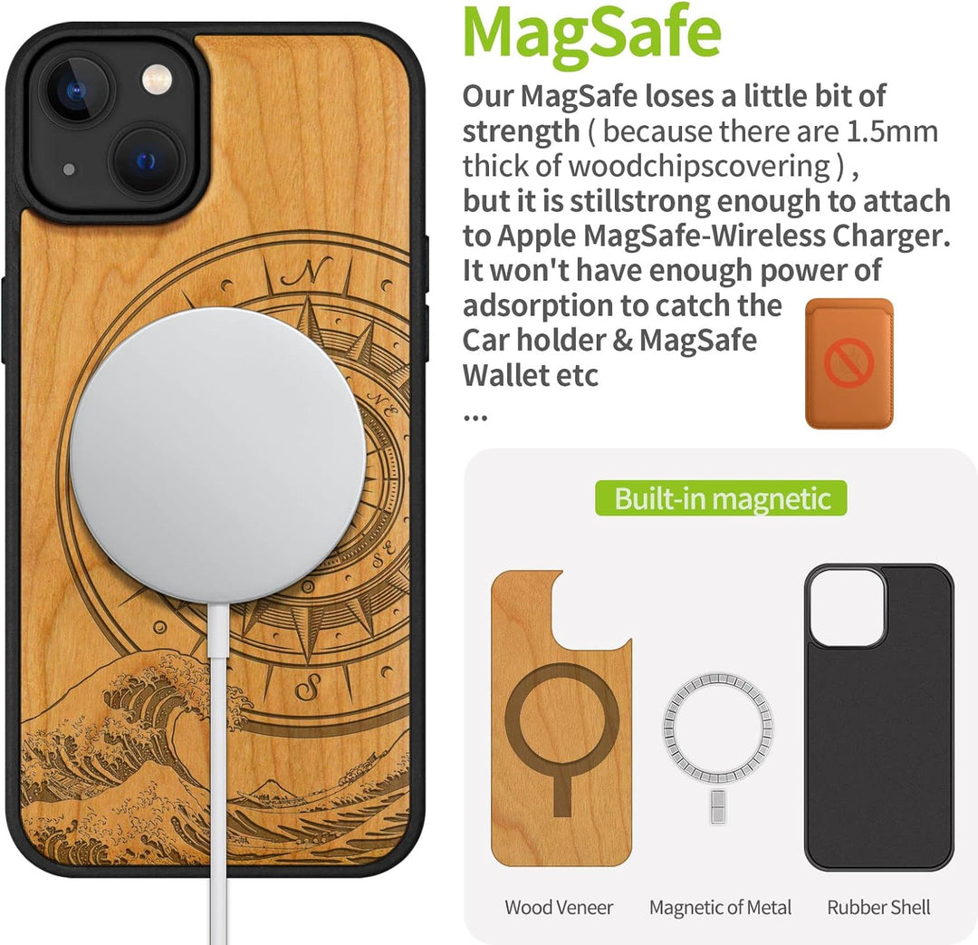Carveit Handyhülle für iPhone 14 Plus Holz Cover kompatibel mit MagSafe Massivholz für Apple 14 Plus