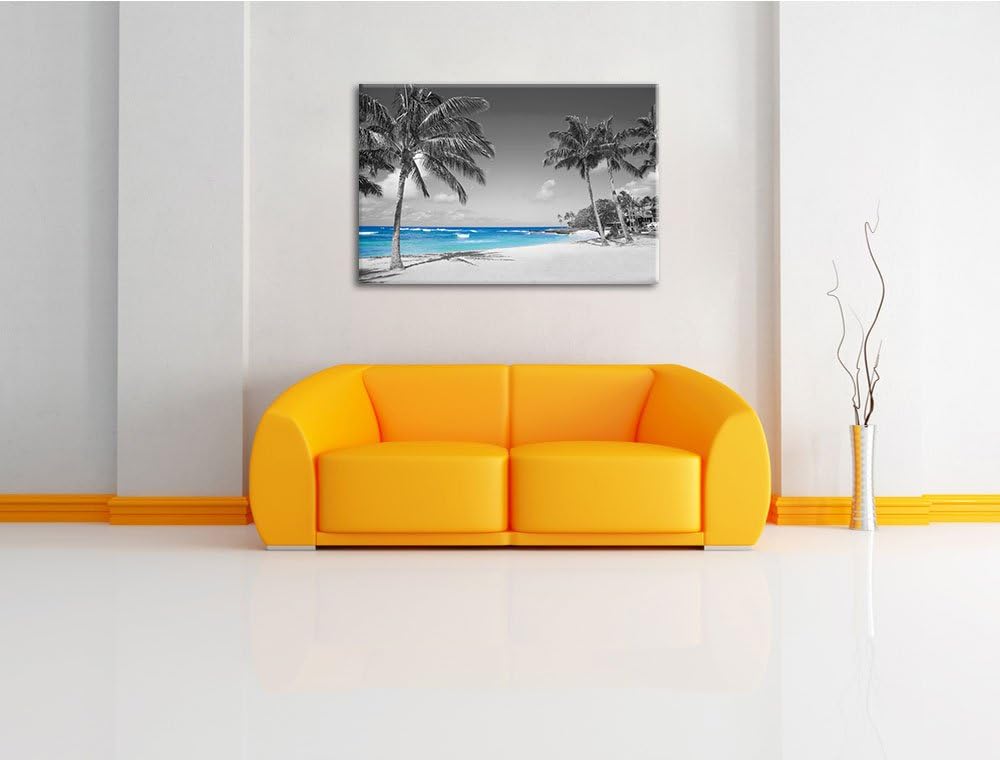 schöner Strand mit Palmen schwarz/weiss Format: 100x70 auf Leinwand, XXL riesige Bilder fertig gerah