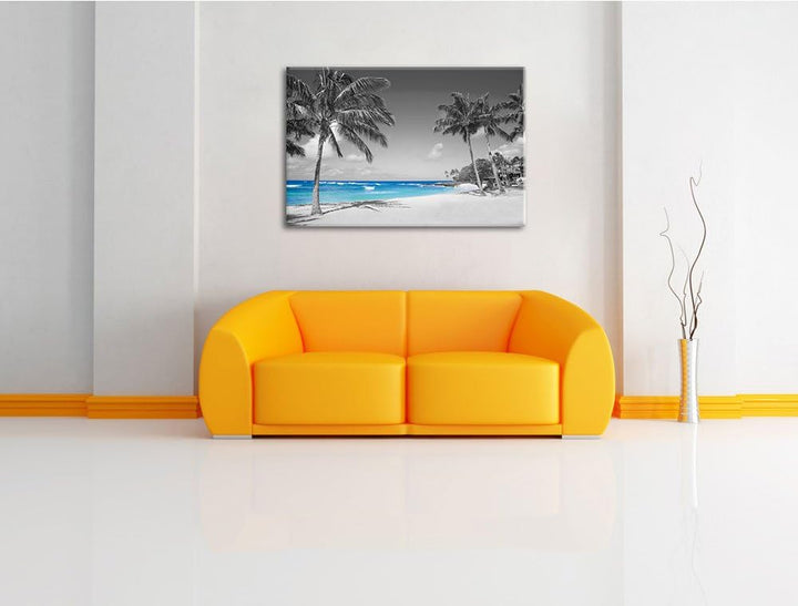 schöner Strand mit Palmen schwarz/weiss Format: 100x70 auf Leinwand, XXL riesige Bilder fertig gerah