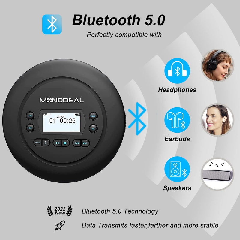 MONODEAL Tragbarer CD Player Bluetooth, Wiederaufladbar Discman für Auto und Kinder, Anti-Skip, klei