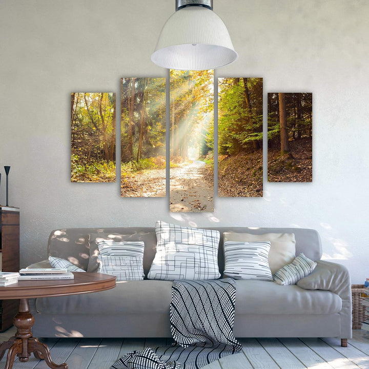 Feeby Wandbild XXL 5 Teilig Landschaft Leinwandbild Wald Blätter Bäume gelb 300x140 cm Leinwandbild