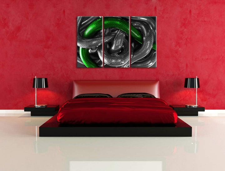 ineinander verschlungene Schlangen schwarz/weiss 3-Teiler Leinwandbild 120x80 Bild auf Leinwand, XXL