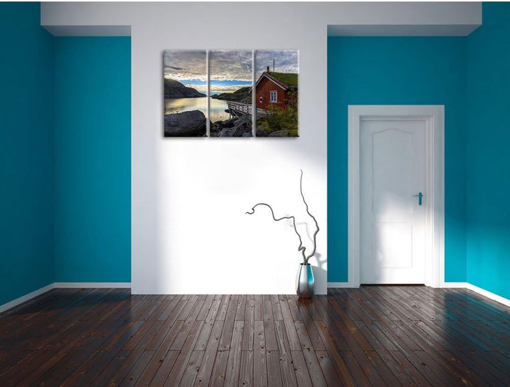 Pixxprint Sonnenaufgang am Fjord Norwegens als Leinwandbild/Grösse: 3 Teilig (120x80) / Wandbild/Kun