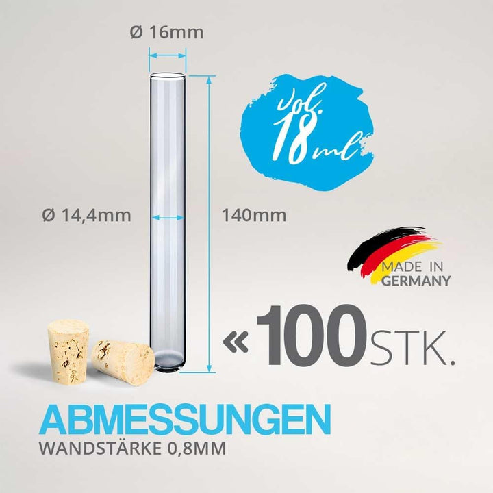 Tuuters 100 Glas Reagenzgläser mit Korken Verschluss Naturkorken, kleine Gewürzgläser (140 x Ø 16mm)