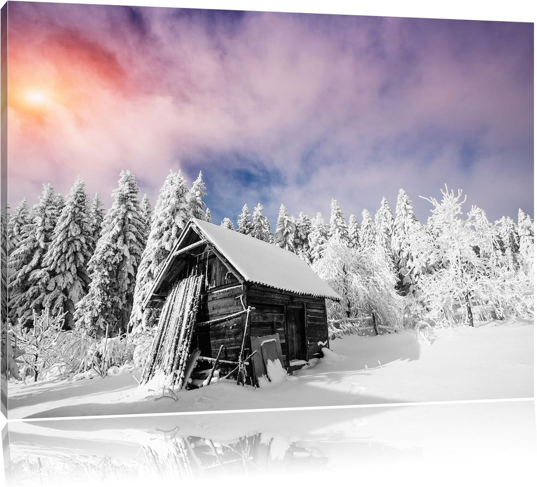 Einsame gemütliche Holzhütte im Schnee schwarz/weiss Format: 100x70 auf Leinwand, XXL riesige Bilder