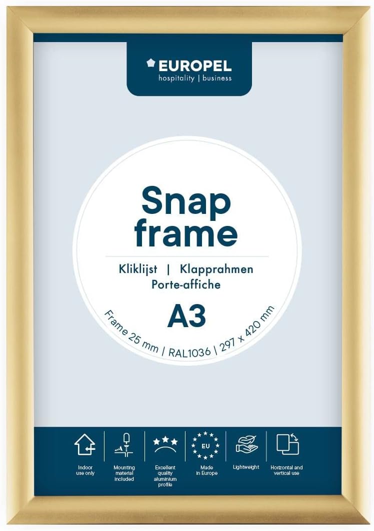 Europel leichte Klapprahmen DIN A3, Easy-Click System, Profil 25x11 mm, Farbe Gold, eloxierte Alumin
