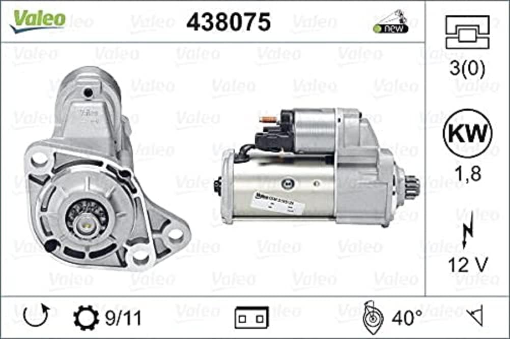 VALEO 438075 Starter Nennleistung: 1,8 kW Stop & Start: NO Zähnezahl: 11 zähne Spannung: 12 V Drehri
