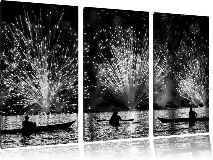 Pixxprint Feuerwerk auf dem Wasser / 3-Teilig/Gesamtmass 120cm Leinwandbild bespannt auf Holzrahmen/