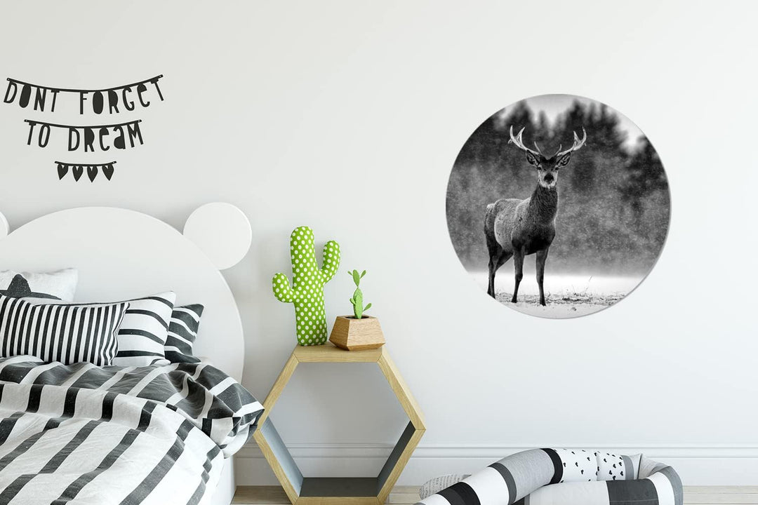 MuchoWow Wandbild Rund Wanddeko Deko Wohnzimmer Bilder 60x60 cm Tiere - Hirsche - Winter - Schwarz -