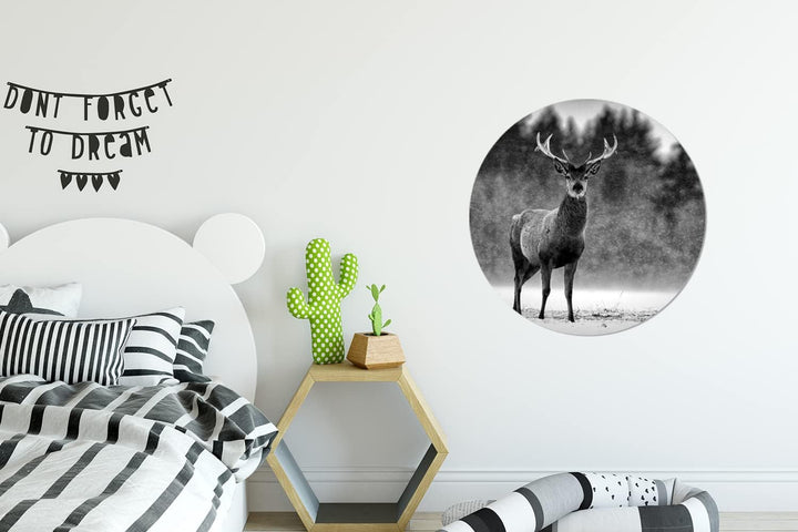 MuchoWow Wandbild Rund Wanddeko Deko Wohnzimmer Bilder 60x60 cm Tiere - Hirsche - Winter - Schwarz -