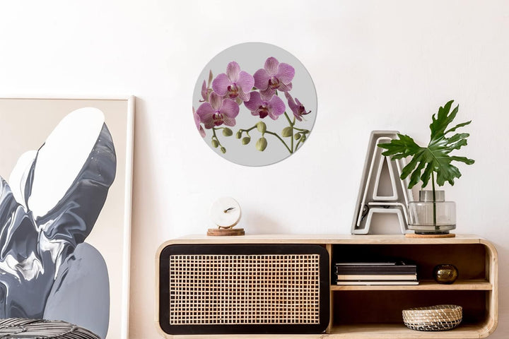 MuchoWow Wandbild Rund Wanddeko Deko Wohnzimmer Bilder 30x30 cm Orchideen auf grauem Hintergrund, 30