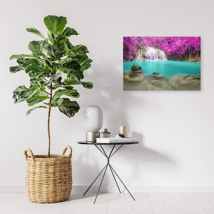 Feeby Wanddeko Wasserfall Leinwandbild Kunstdruck Natur Violett 90x60 cm