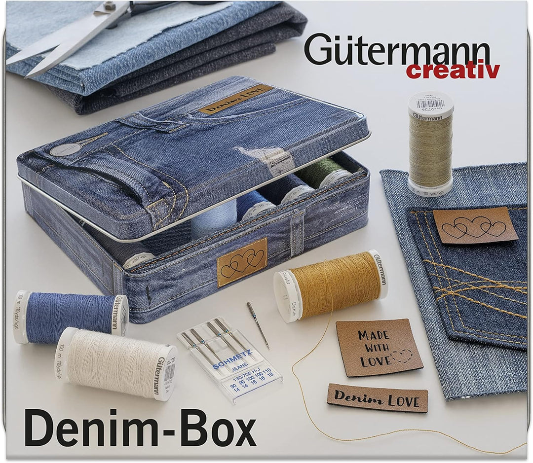 Gütermann Creativ Denim-Box mit 12 Spulen Profi-Jeansfaden Denim 100 m, 5 Jeans-Nähmaschinennadeln v