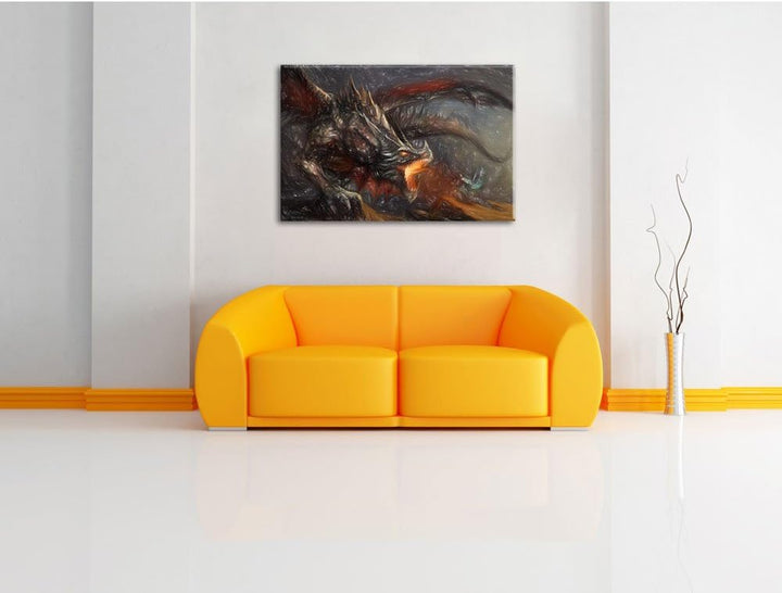 Pixxprint Kampf zwischen Mensch und Drache / 100x70cm Leinwandbild bespannt auf Holzrahmen/Wandbild