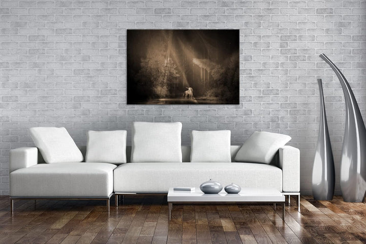 deyoli Einhorn auf einer Waldlichtung Format: 80x60 Effekt: Sepia als Leinwandbild, Motiv fertig ger