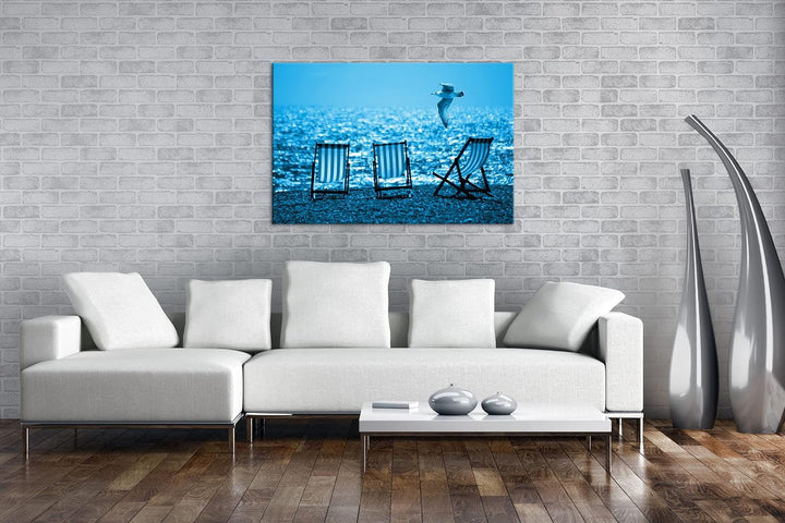 deyoli drei Liegestühle am Strand Format 80x60 Effekt: Monocrome Blau als Leinwandbild, Motiv fertig