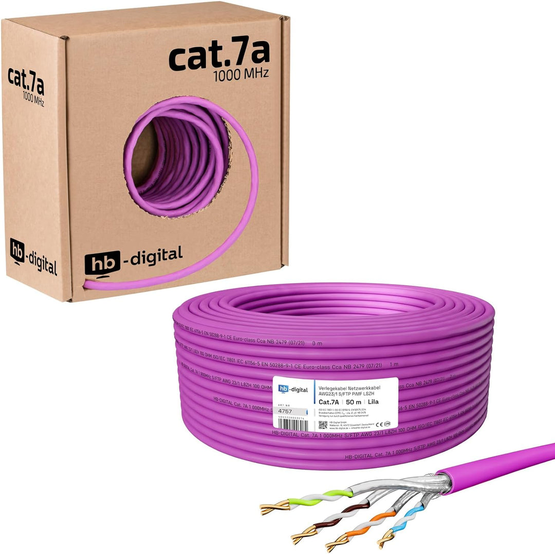 HB-DIGITAL 50m CAT.7a Netzwerkkabel LAN Kabel Verlegekabel AWG 23 Reines Kupfer S/FTP PiMF LSZH Halo