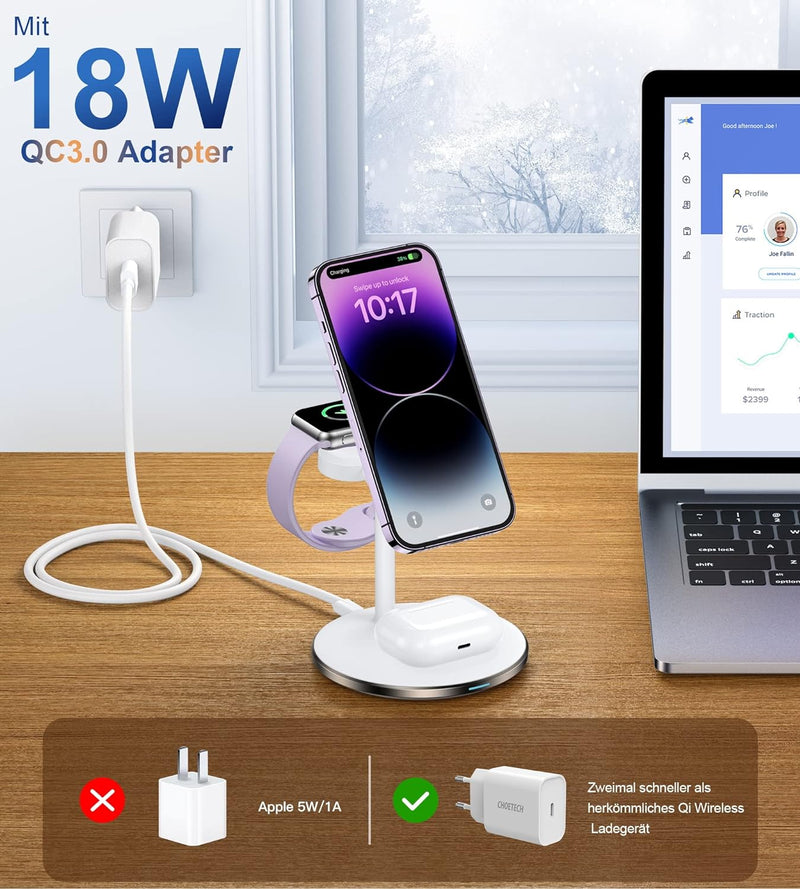 3 in 1 Wireless Charger, 15W Magnetische Induktive Ladestation mit Adapter, MagSafe Kabelloses Ladeg