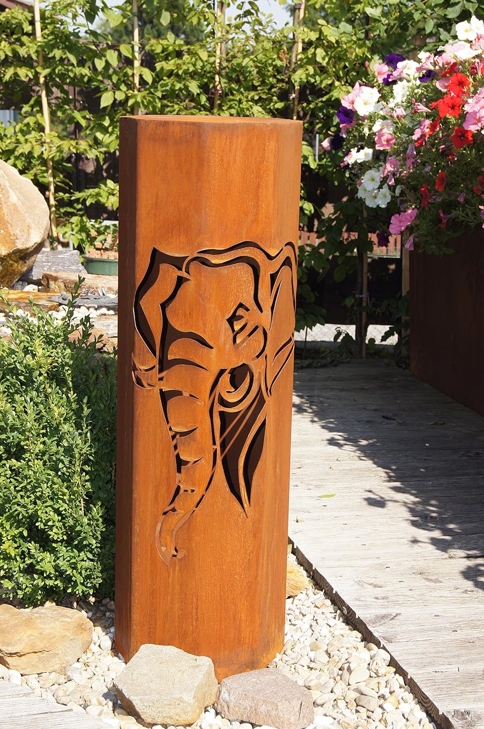 8-Eck Säule Elefant + Schale Classic Edelrost Rost Metall Gartendeko Garten Stele