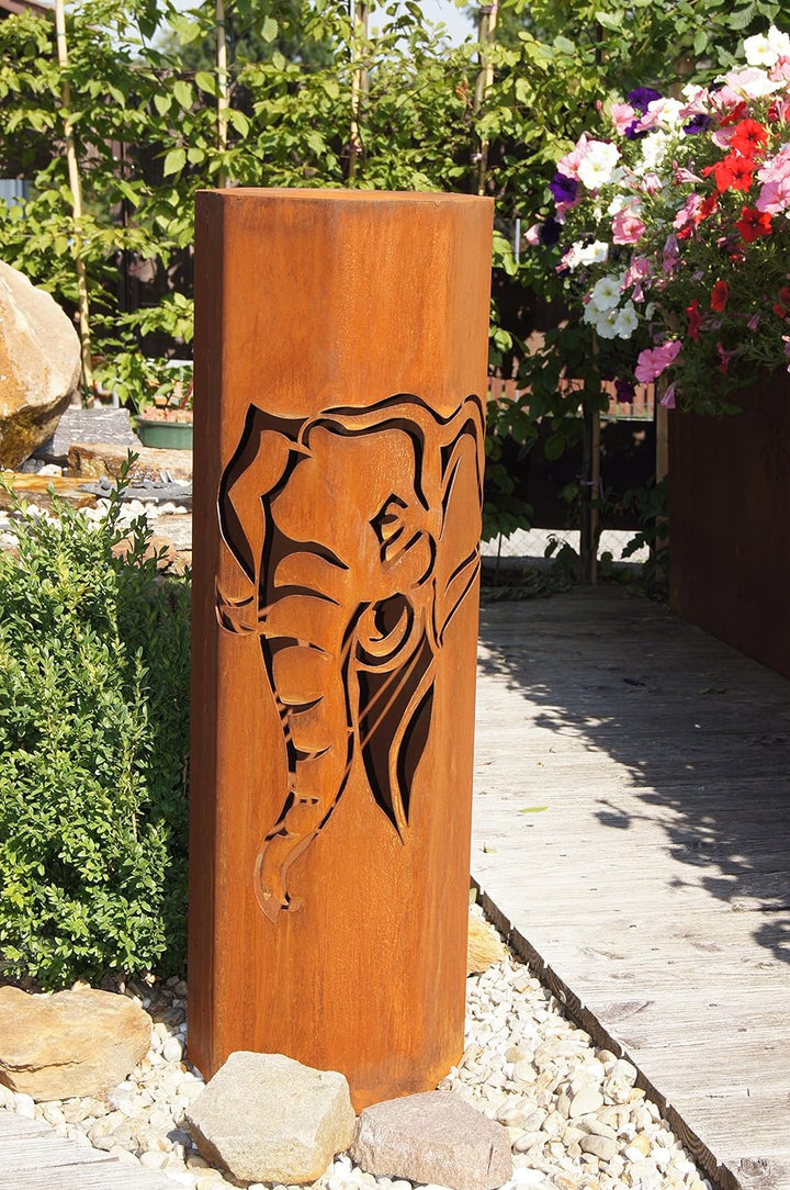 8-Eck Säule Elefant + Schale Classic Edelrost Rost Metall Gartendeko Garten Stele