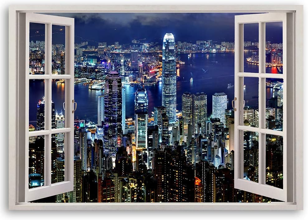 Feeby Wandbild Wolkenkratzer Druckbild Leinwandbild Fenster-Illusion Blau 90x60 cm Leinwandbild 90x6