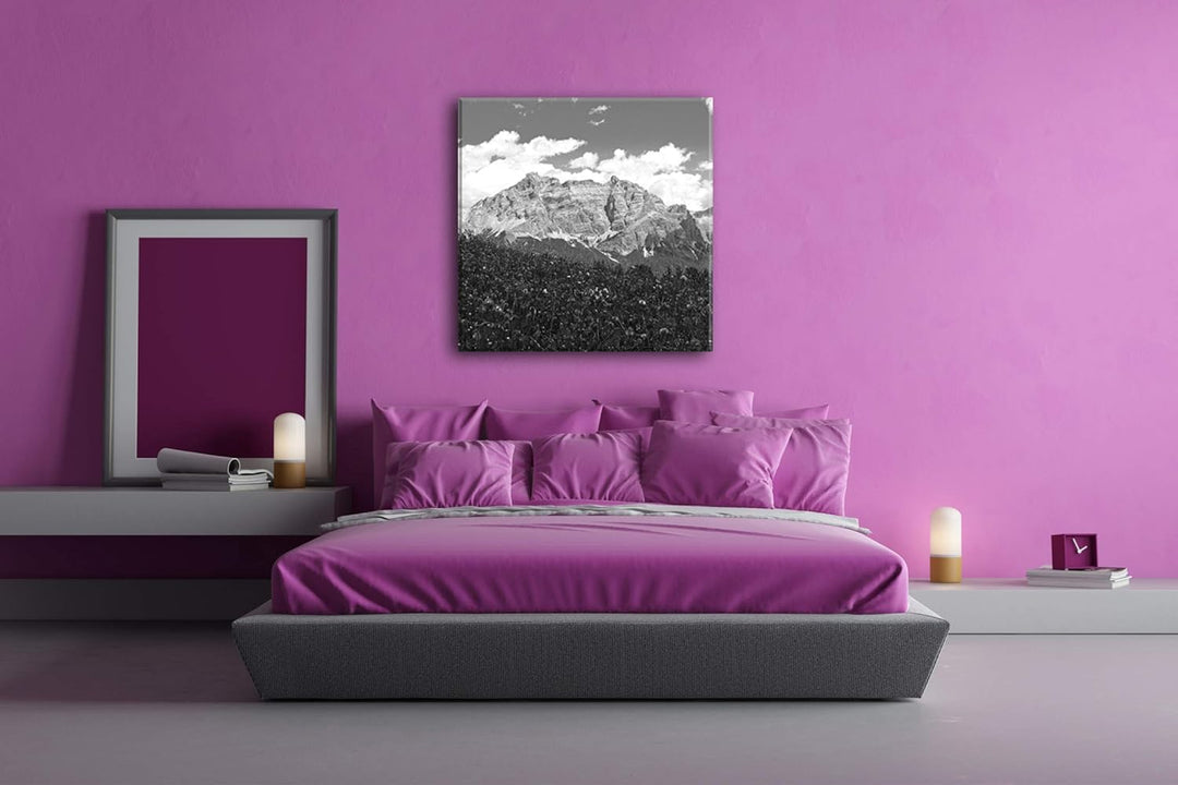 Blumenwiese in den Alpen Format: 70x70 Effekt: Schwarz&Weiss als Leinwandbild, Motiv fertig gerahmt
