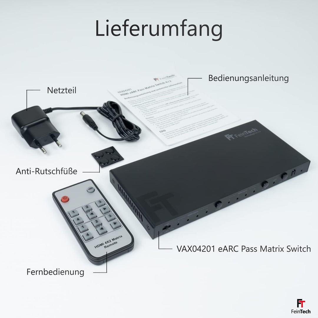 FeinTech VAX04201 HDMI eARC Pass Matrix Switch 4x2 für Soundbar und 2 Displays 4K 60Hz Dolby Vision