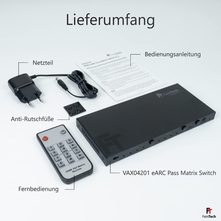 FeinTech VAX04201 HDMI eARC Pass Matrix Switch 4x2 für Soundbar und 2 Displays 4K 60Hz Dolby Vision