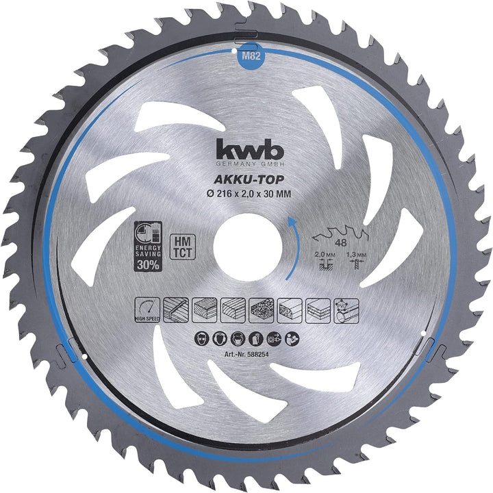 kwb Kreissägeblatt 216 x 30 mm, leichtgängig, speziell für Akkumaschinen, Sägeblatt geeignet für Wei