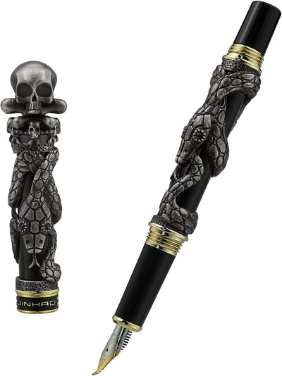 Jinhao Black Snake Füllfederhalter, gebogene Feder, Fude-Stift mit Totenkopfkopf aus massivem Metall