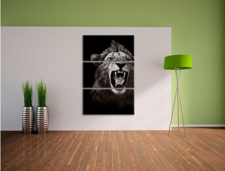 Pixxprint Dark Brüllender Löwe als Leinwandbild - Grösse: 3-Teilig (120x80cm) - Wandbild - Kunstdruc