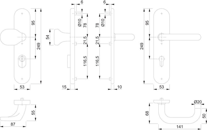 HOPPE 3664161 Sicherheits-Wechselgarnitur Paris-auf Langschild PZ72, Türstärke 42-47mm, mit Kernzieh