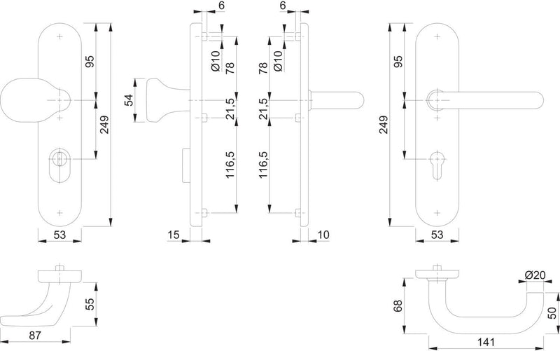 HOPPE 3664161 Sicherheits-Wechselgarnitur Paris-auf Langschild PZ72, Türstärke 42-47mm, mit Kernzieh