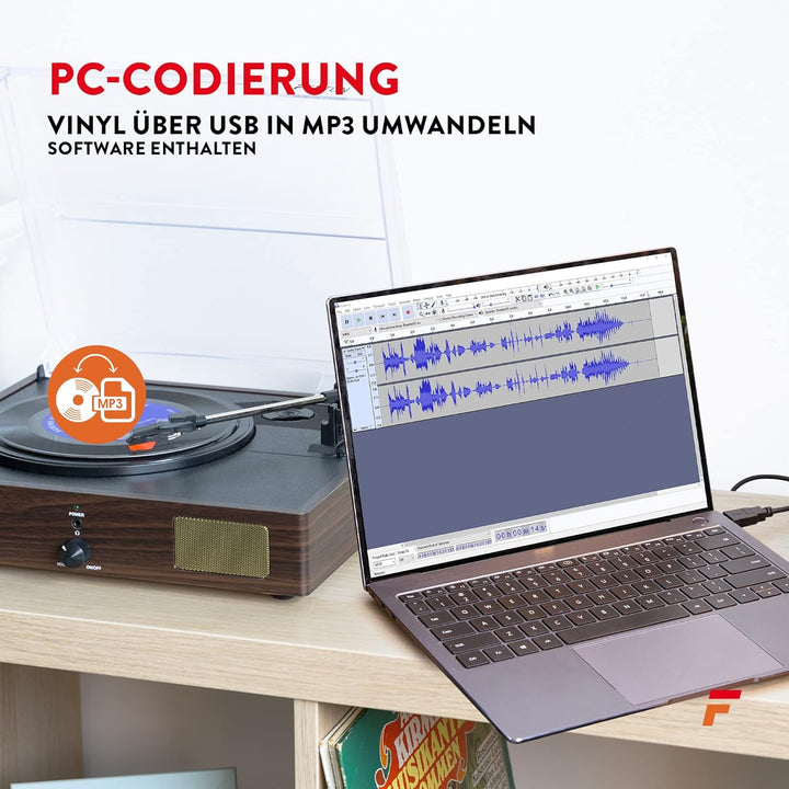 Fenton RP106DW Plattenspieler mit Lautsprecher und USB Anschluss zum Digitalisieren, Line Out, Rieme