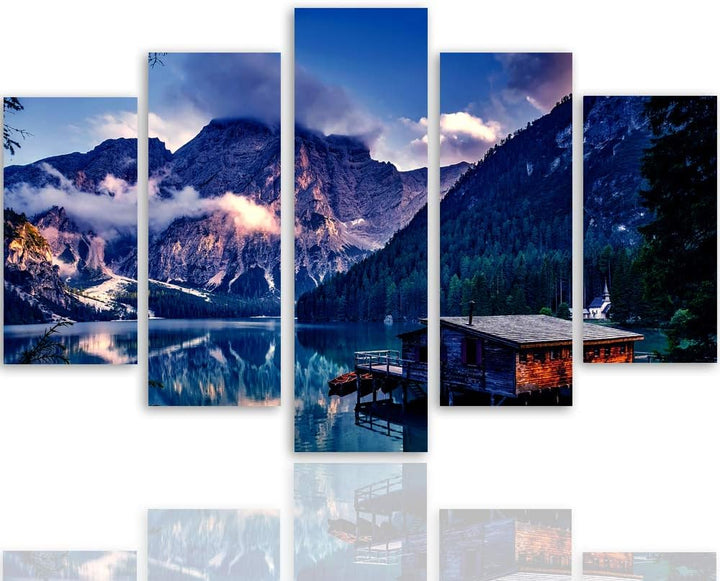 Bilder Berge 200x100 cm - Leinwandbild 5 Teilig XXL Kunstdruck Hütte See blau Leinwandbild XXL 200x1