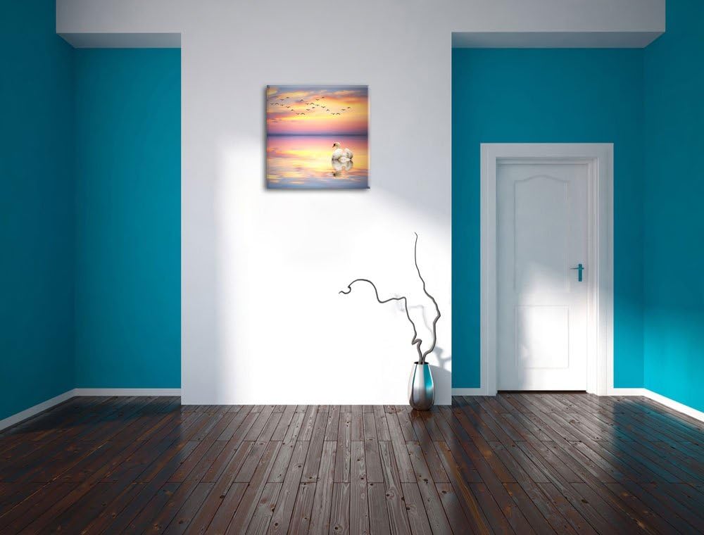 Schwan bei Sonnenuntergang, Format: 70x70 auf Leinwand, XXL riesige Bilder fertig gerahmt mit Keilra
